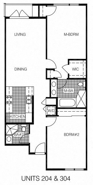 Floor plan for 2 beds, 2 baths, 1100 sqft